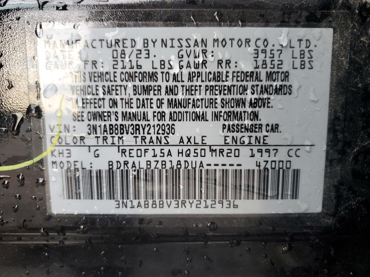 2024 NISSAN SENTRA S VIN:3N1AB8BV3RY212936