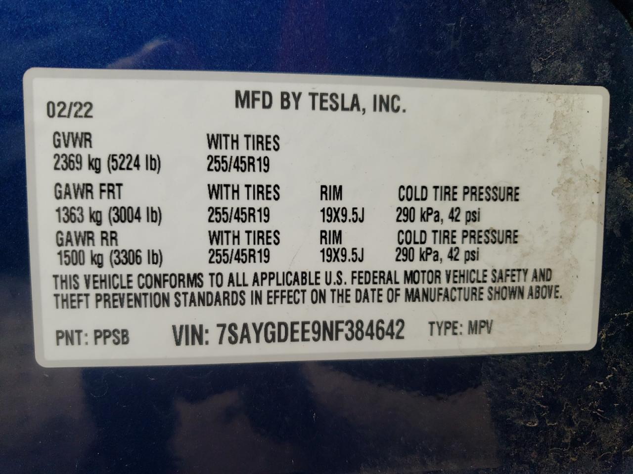 2022 TESLA MODEL Y  VIN:7SAYGDEE9NF384642