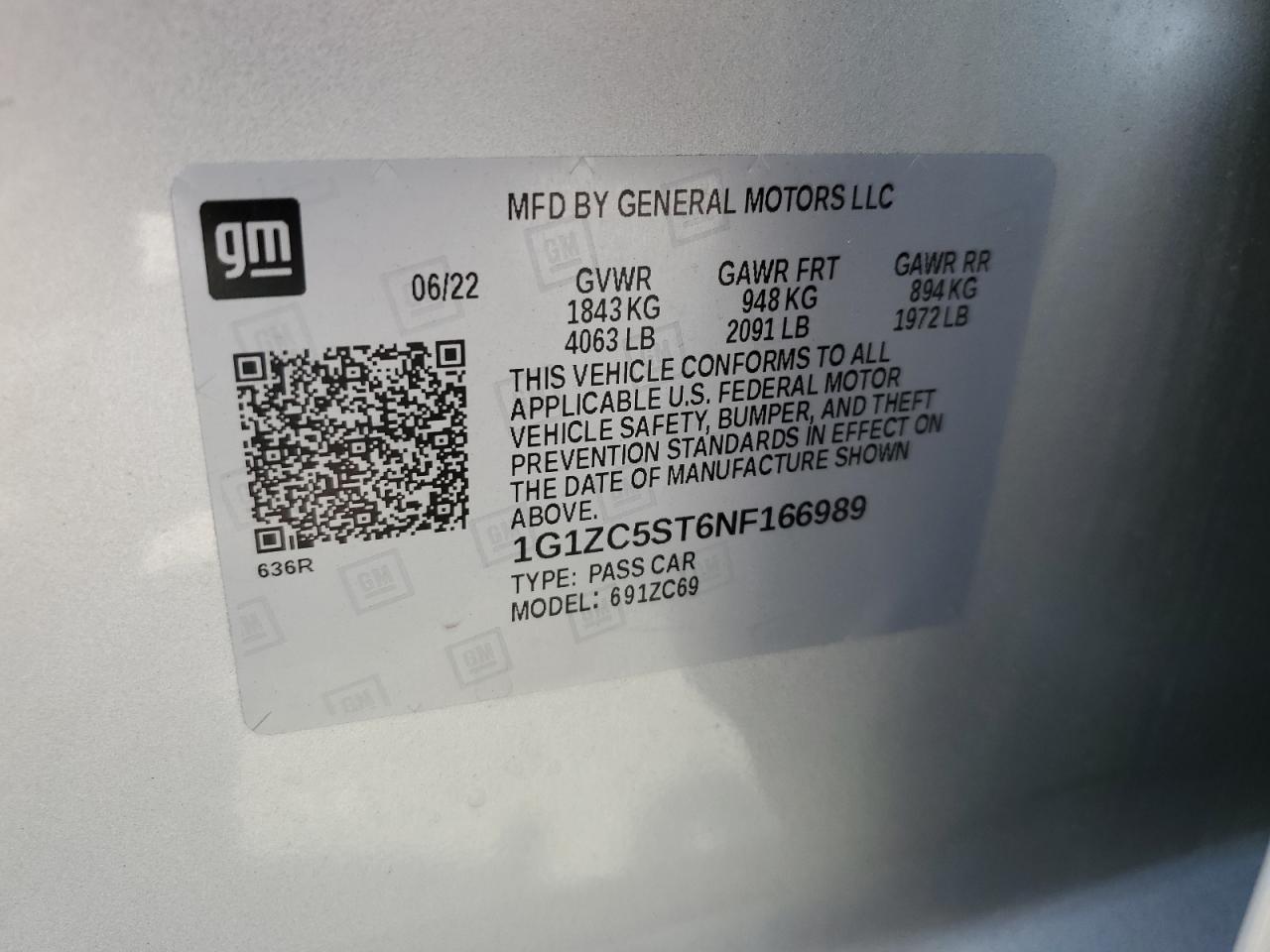 2022 CHEVROLET MALIBU LS VIN:1G1ZC5ST6NF166989