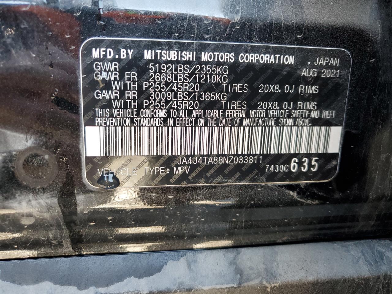 2022 MITSUBISHI OUTLANDER ES VIN:JA4J4TA88NZ033811