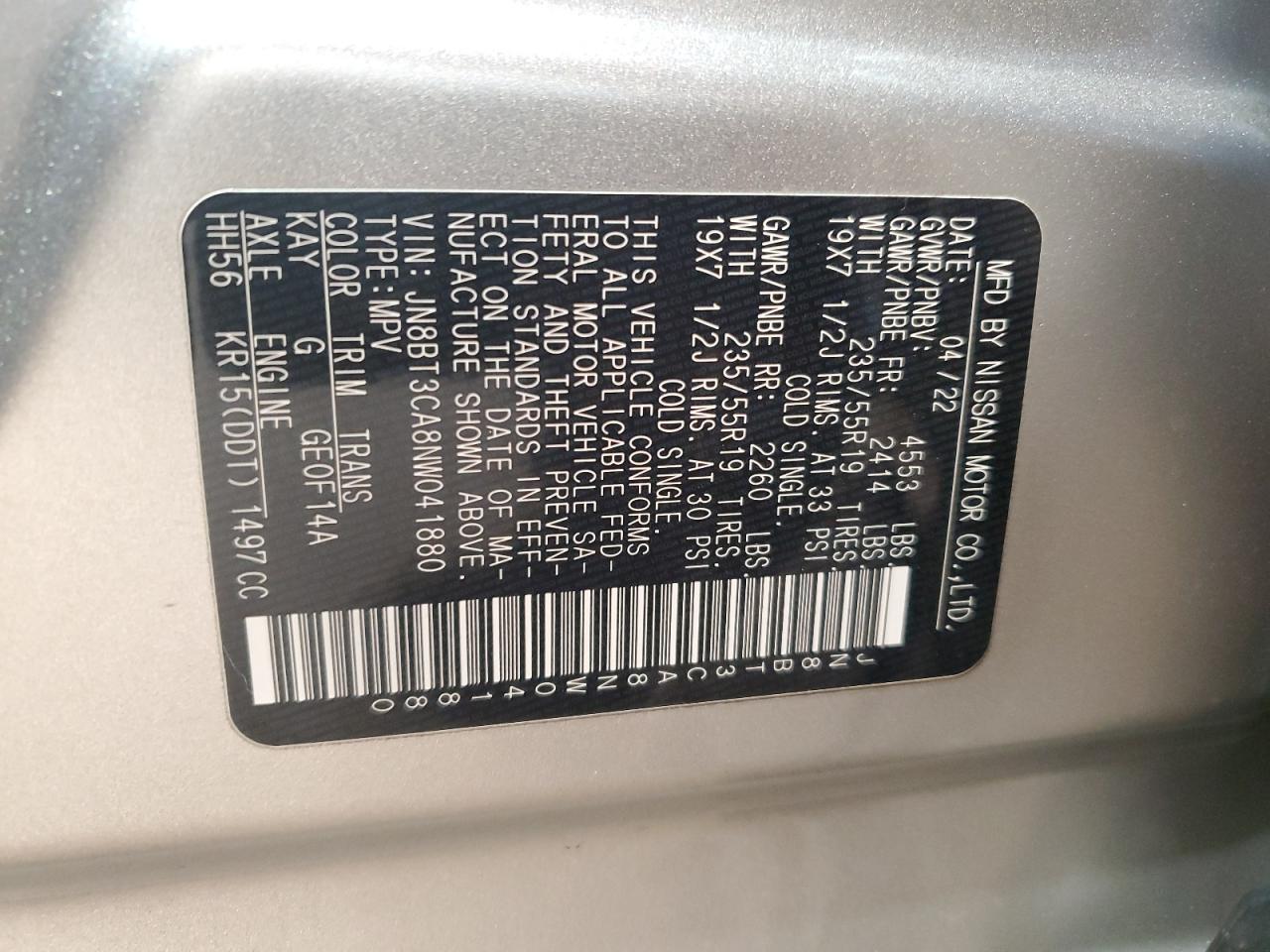 2022 NISSAN ROGUE SL VIN:JN8BT3CA8NW041880