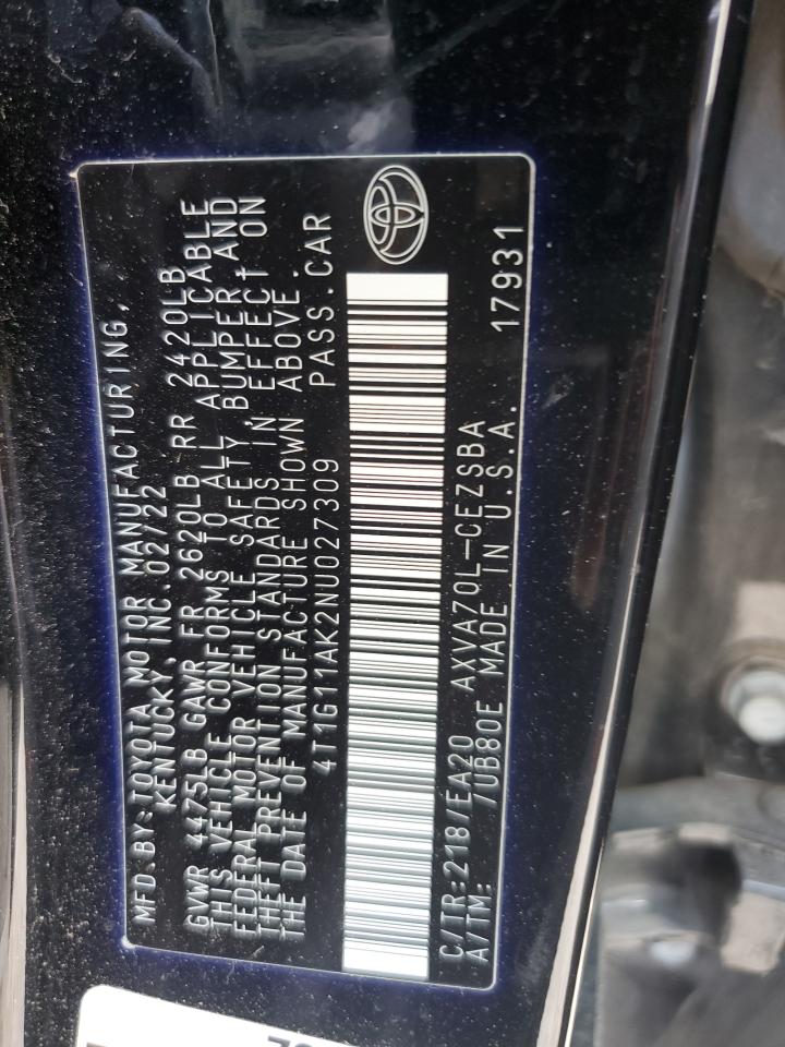 2022 TOYOTA CAMRY SE VIN:4T1G11AK2NU027309