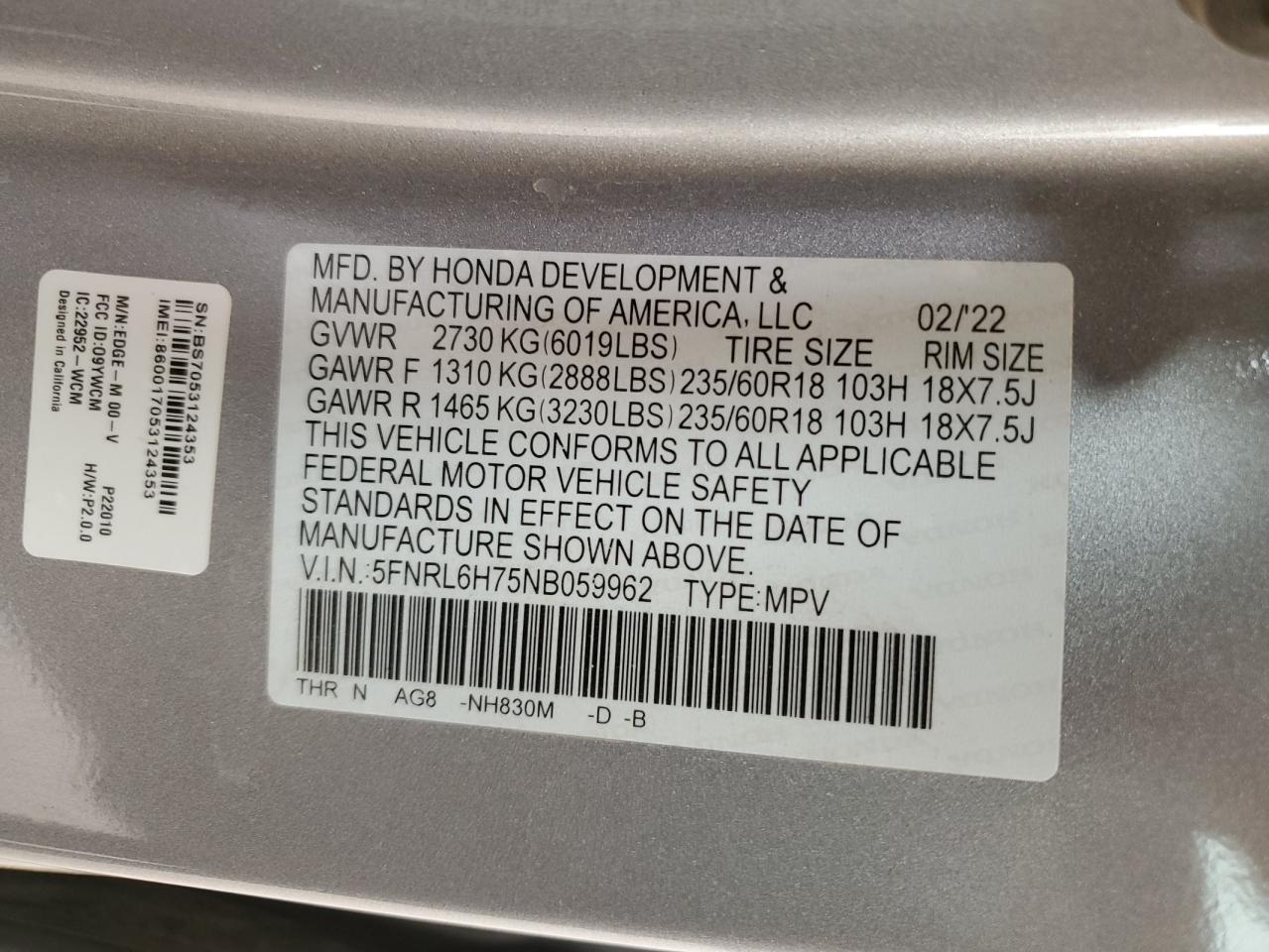2022 HONDA ODYSSEY EXL VIN:5FNRL6H75NB059962