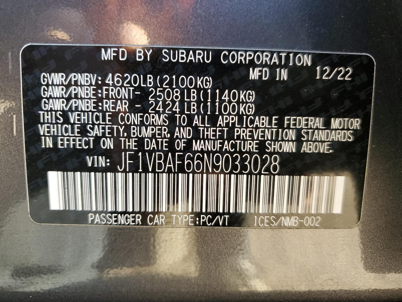 2022 SUBARU WRX PREMIUM VIN:JF1VBAF66N9033028