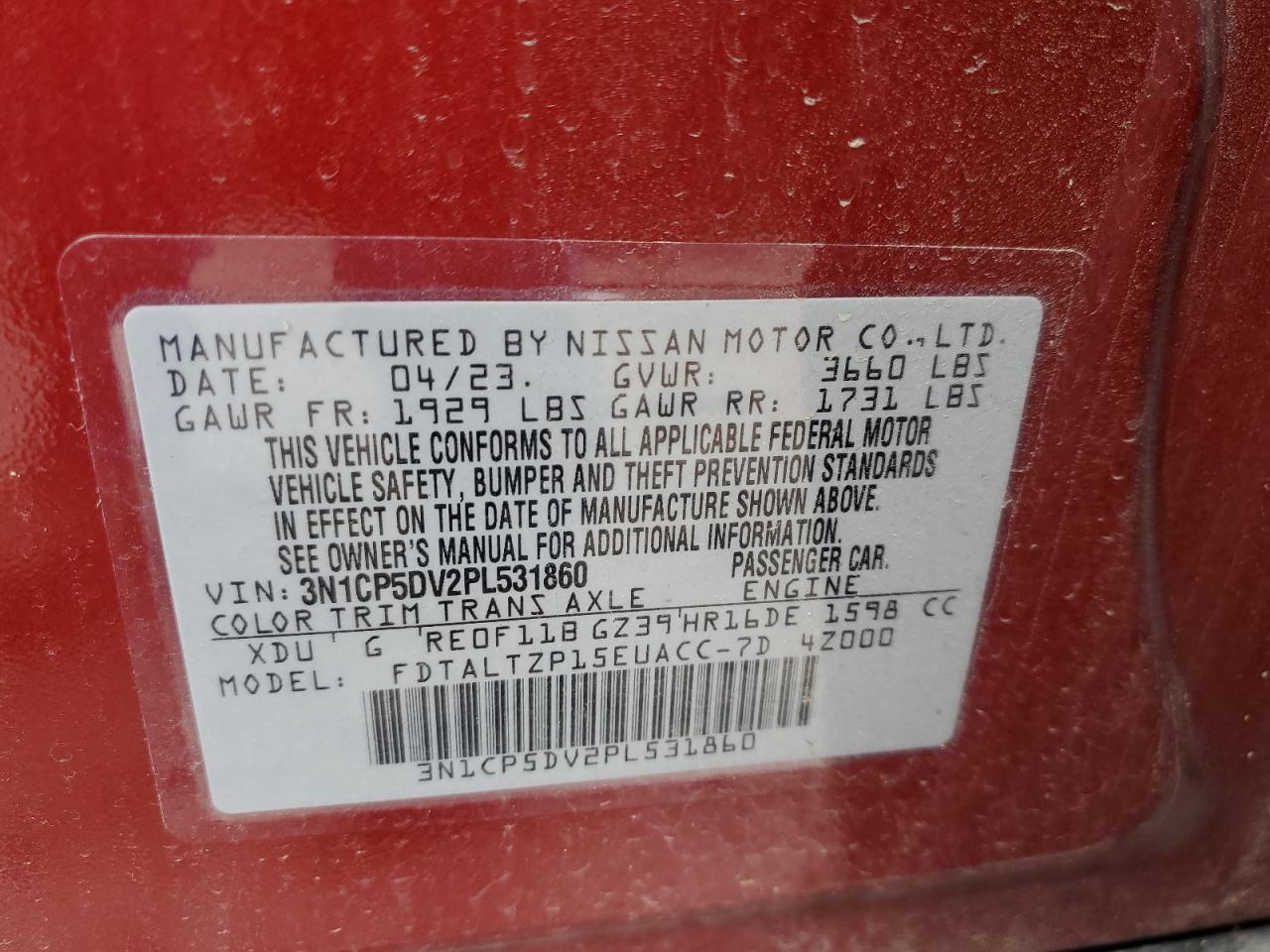 2023 NISSAN KICKS SR VIN:3N1CP5DV2PL531860