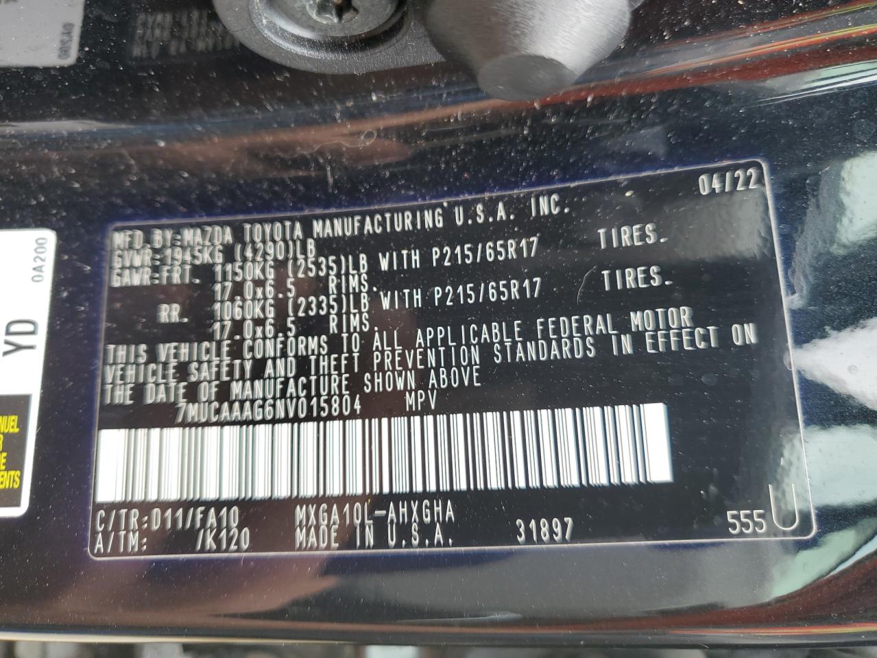 2022 TOYOTA COROLLA CROSS LE VIN:7MUCAAAG6NV015804