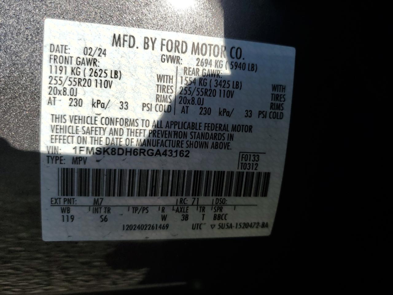 2024 FORD EXPLORER XLT VIN:1FMSK8DH6RGA43162