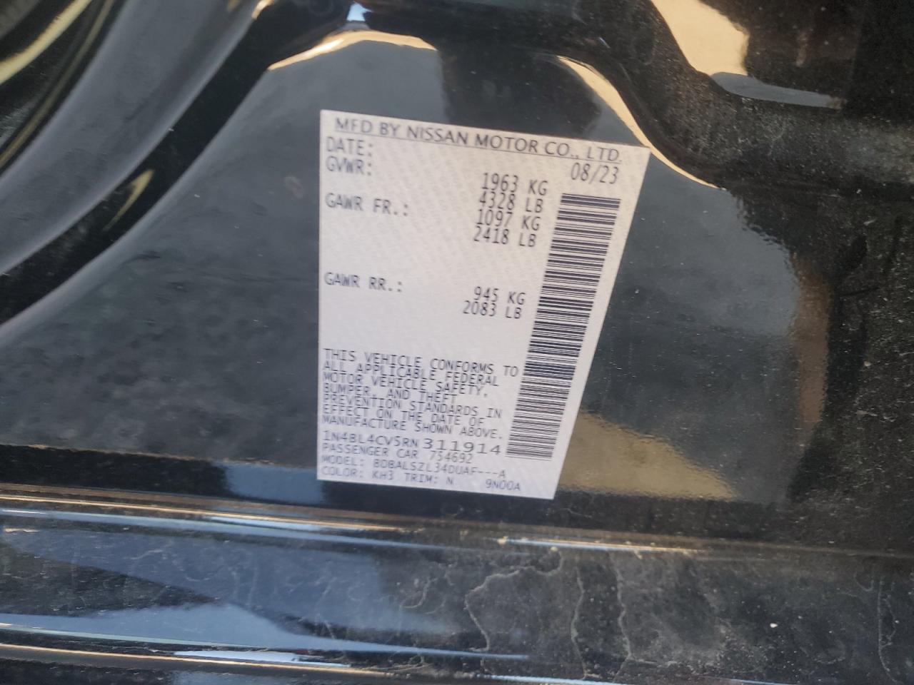 2024 NISSAN ALTIMA SR VIN:1N4BL4CV5RN311914