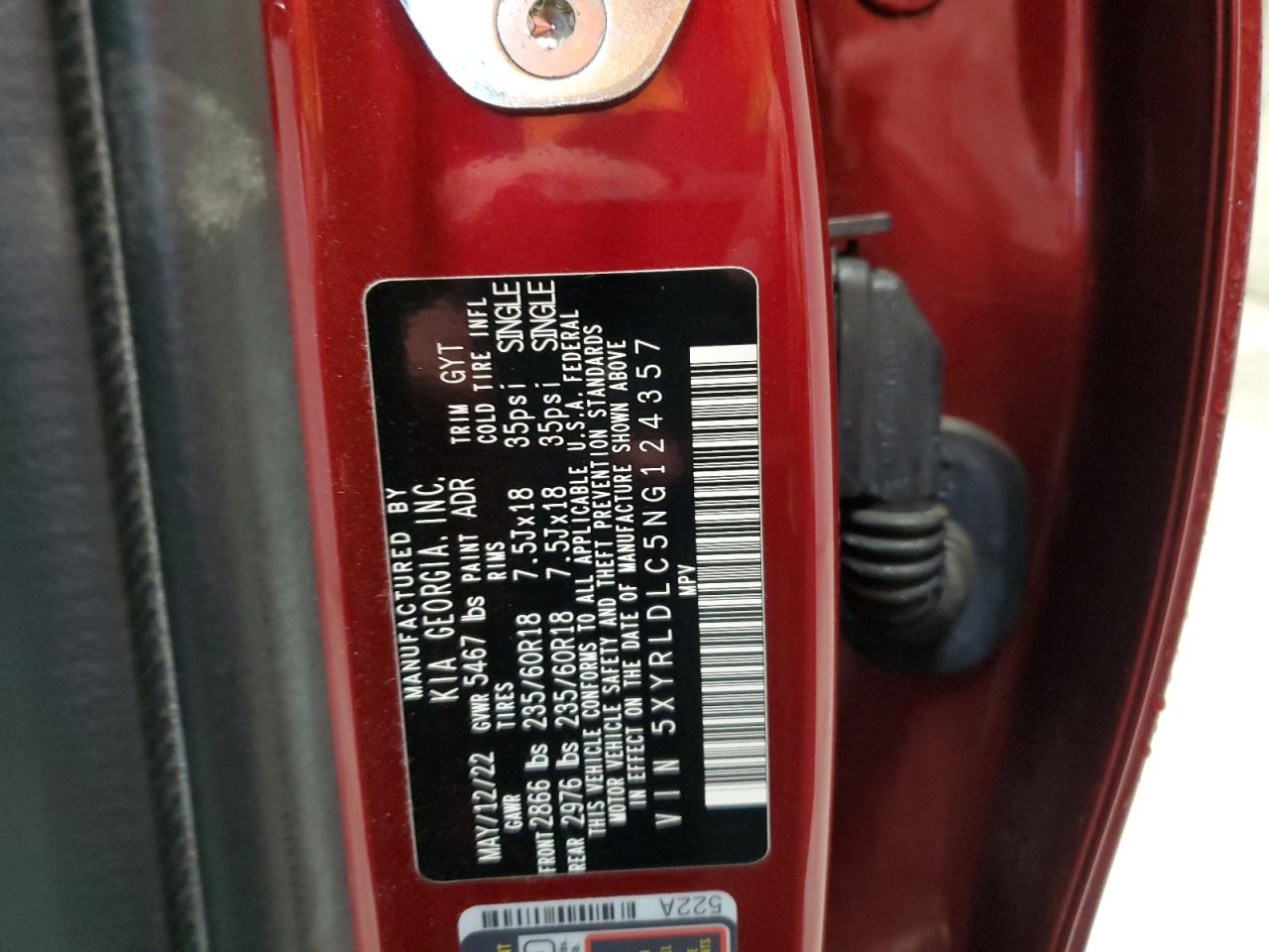 2022 KIA SORENTO S VIN:5XYRLDLC5NG124357