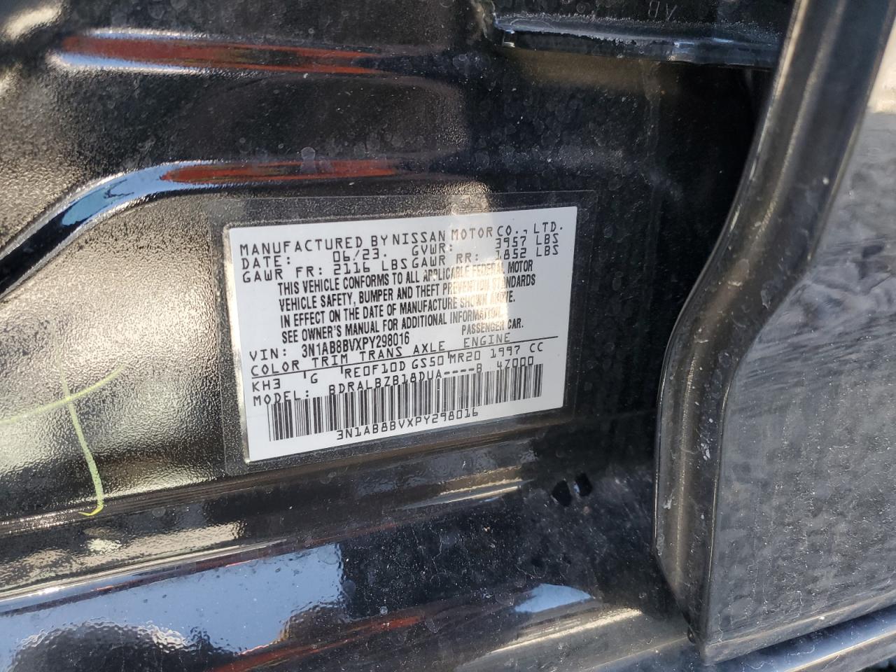 2023 NISSAN SENTRA S VIN:3N1AB8BVXPY298016