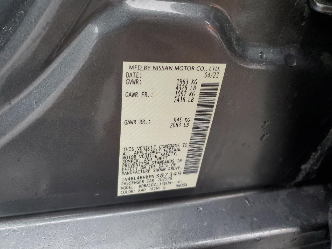 2023 NISSAN ALTIMA S VIN:1N4BL4BV8PN387349