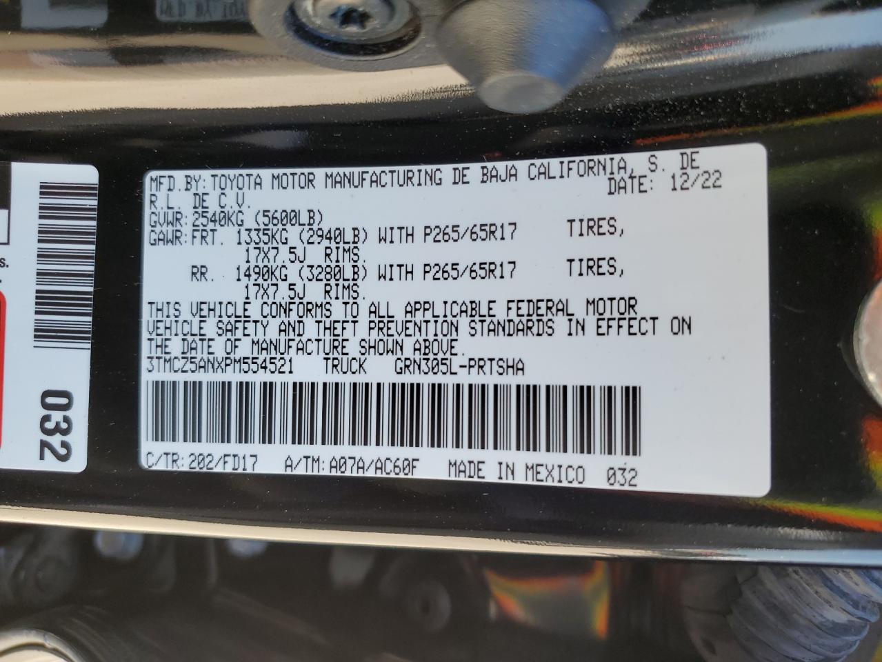 2023 TOYOTA TACOMA DOUBLE CAB VIN:3TMCZ5ANXPM554521