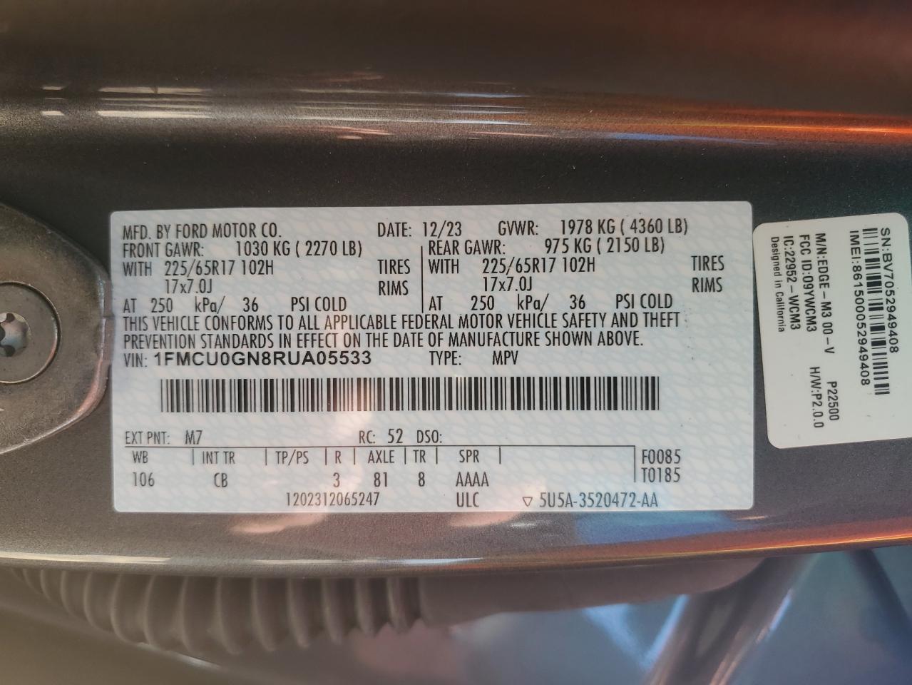 2024 FORD ESCAPE ACTIVE VIN:1FMCU0GN8RUA05533