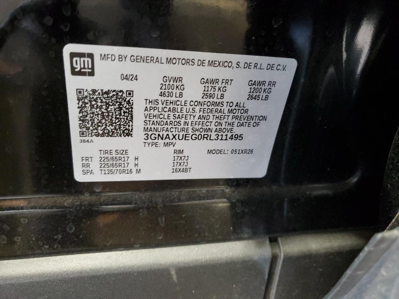 2024 CHEVROLET EQUINOX LT VIN:3GNAXUEG0RL311495