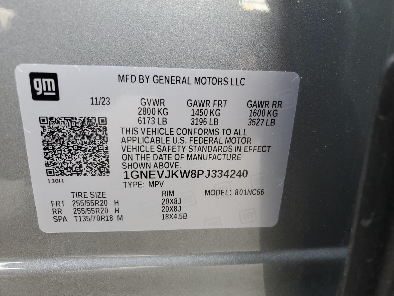 2023 CHEVROLET TRAVERSE RS VIN:1GNEVJKW8PJ334240