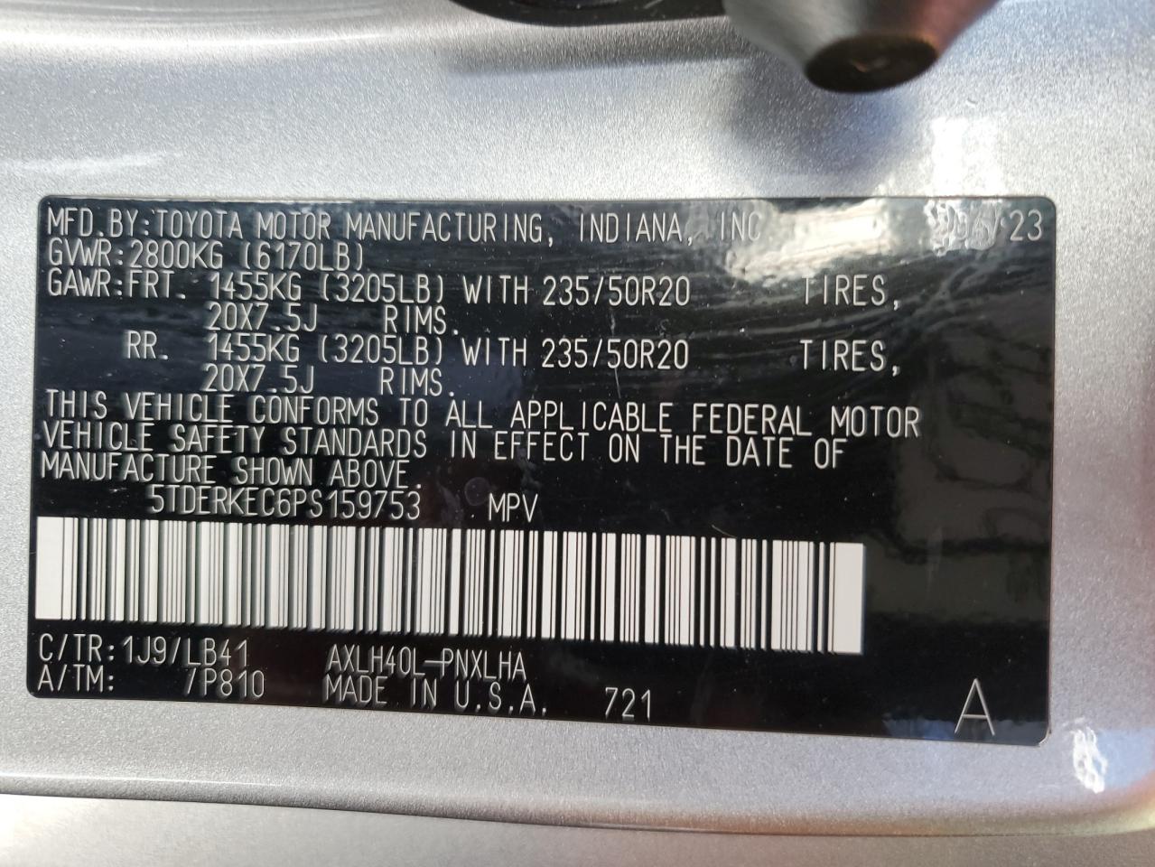 2023 TOYOTA SIENNA LIMITED VIN:5TDERKEC6PS159753