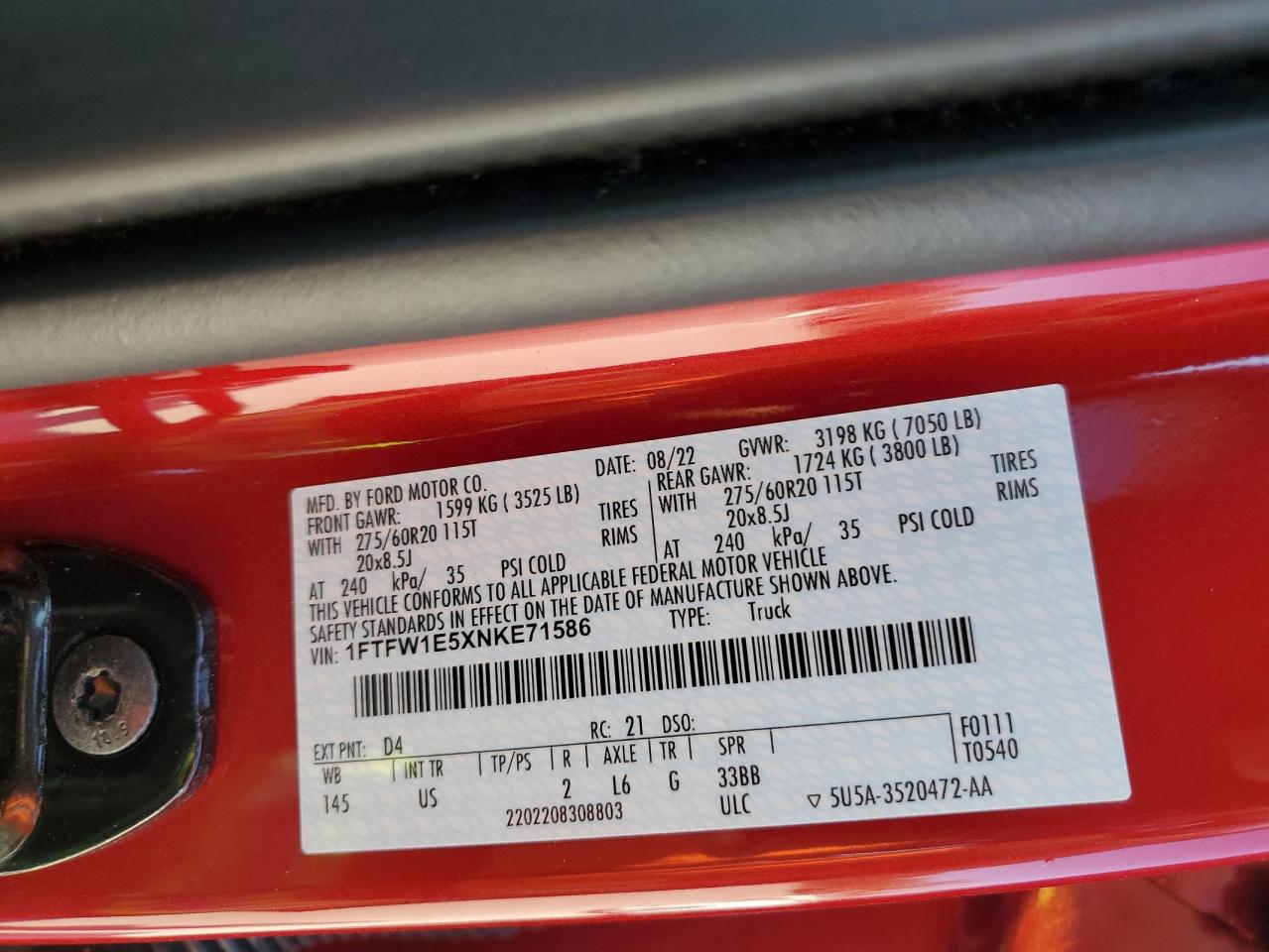 2022 FORD F150 SUPERCREW VIN:1FTFW1E5XNKE71586