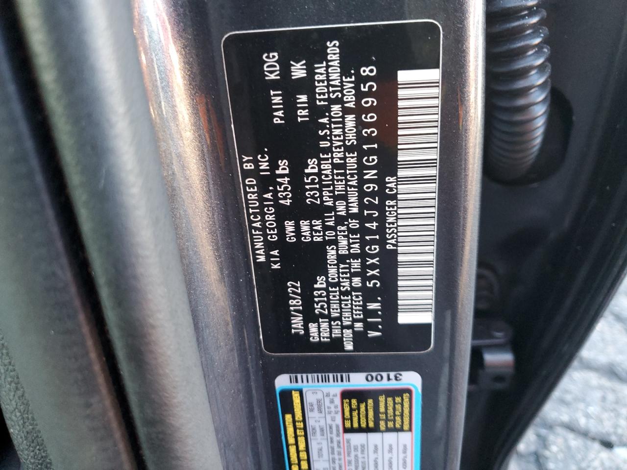 2022 KIA K5 LXS VIN:5XXG14J29NG136958