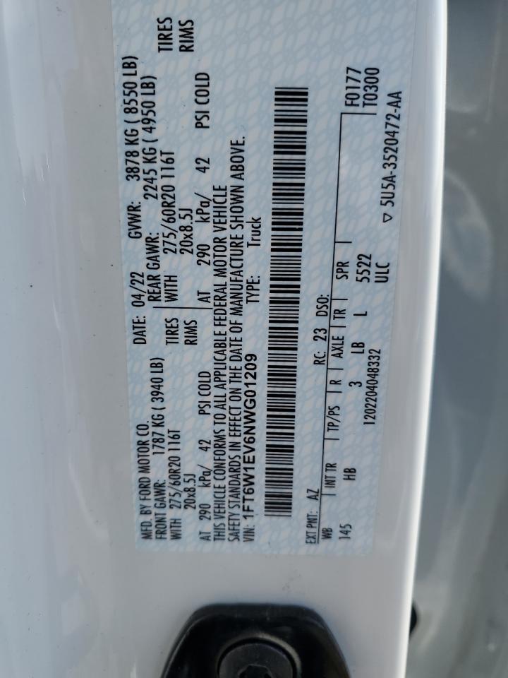 2022 FORD F150 LIGHTNING PRO VIN:1FT6W1EV6NWG01209