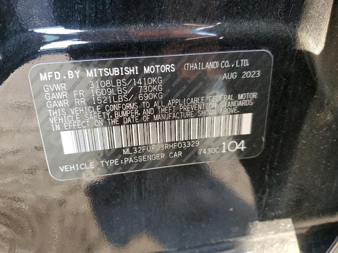 2024 MITSUBISHI MIRAGE G4 ES VIN:ML32FUFJ3RHF03329