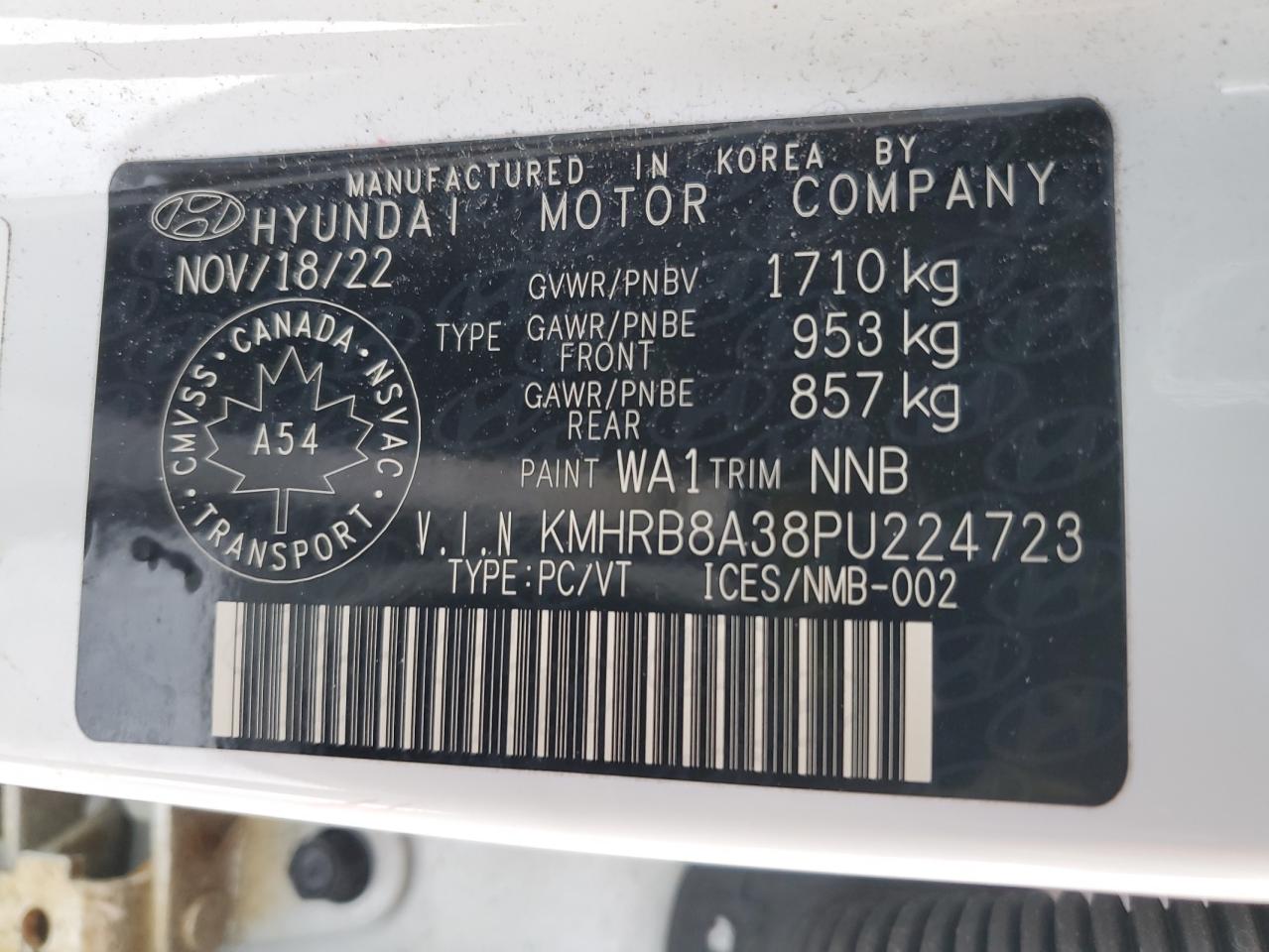 2023 HYUNDAI VENUE SE VIN:KMHRB8A38PU224723