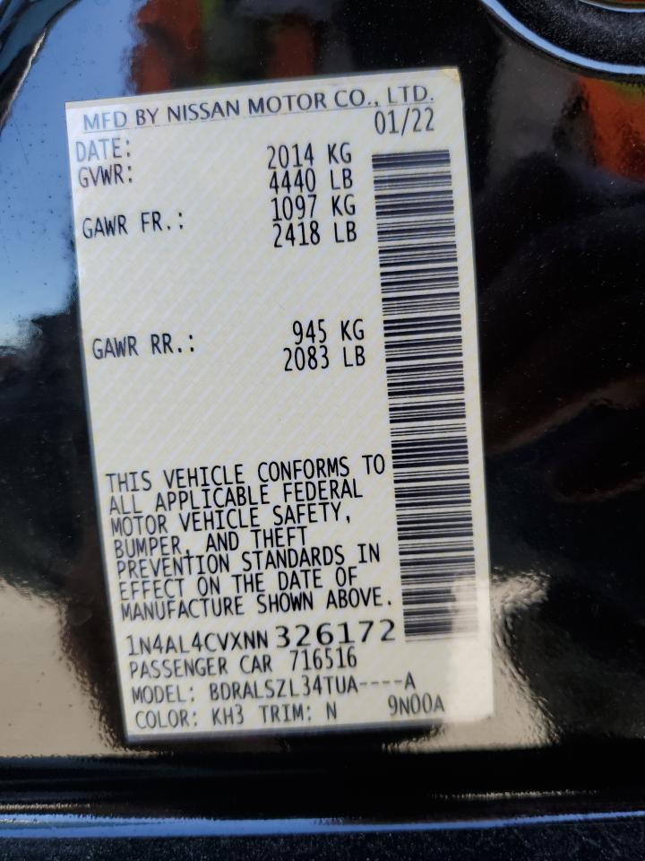 2022 NISSAN ALTIMA SR VIN:1N4AL4CVXNN326172