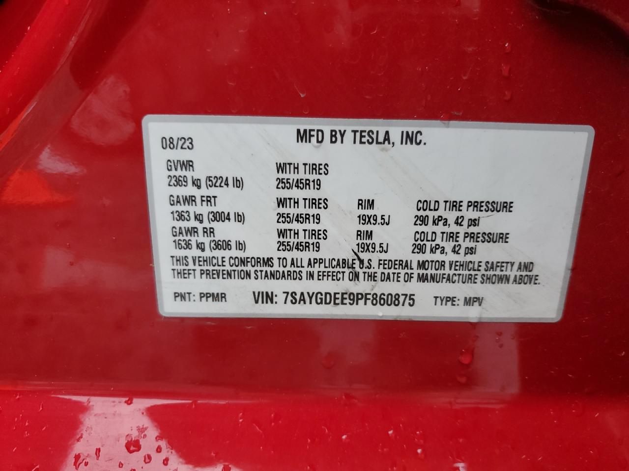 2023 TESLA MODEL Y VIN:7SAYGDEE9PF860875