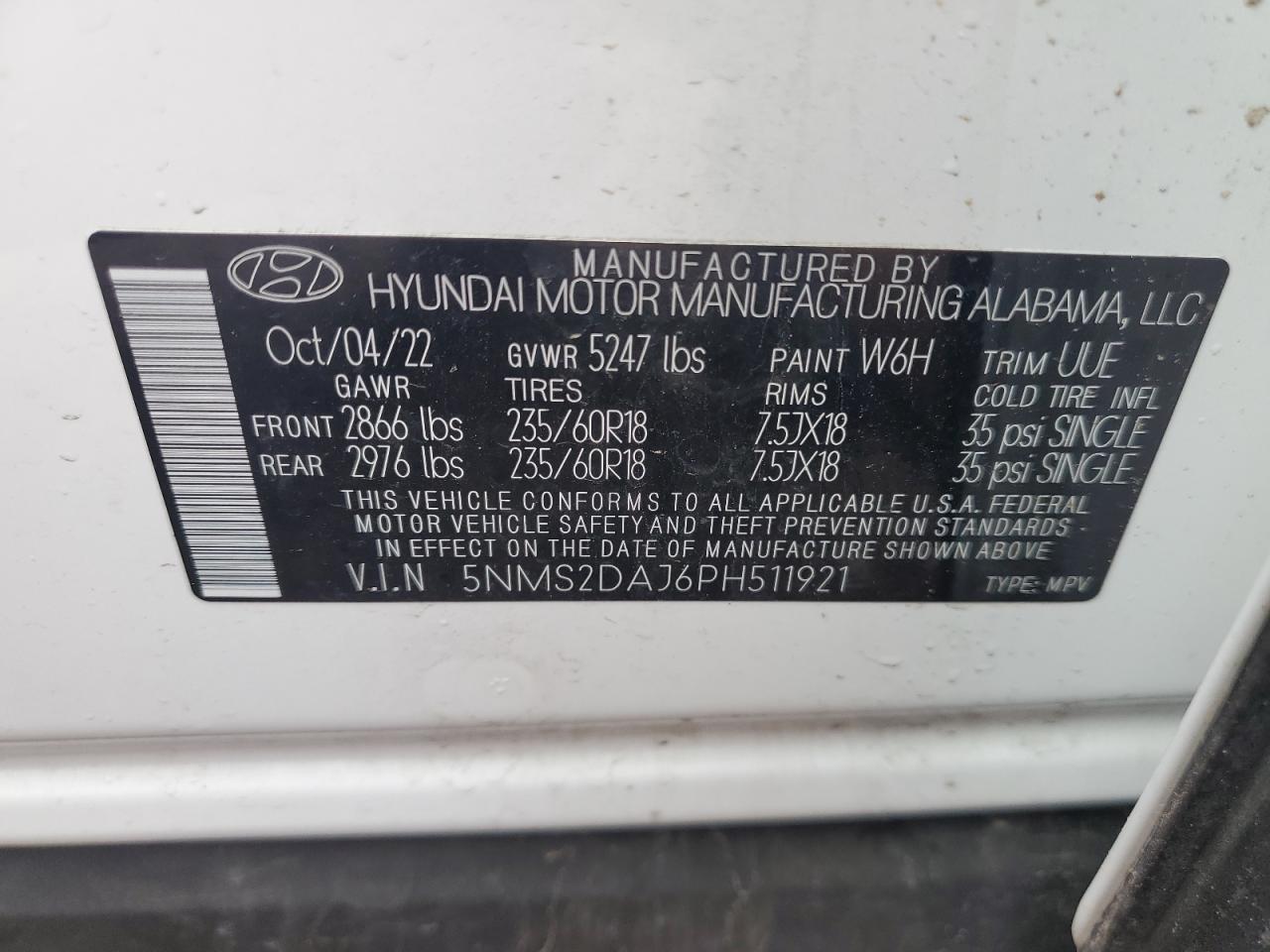 2023 HYUNDAI SANTA FE SEL VIN:5NMS2DAJ6PH511921