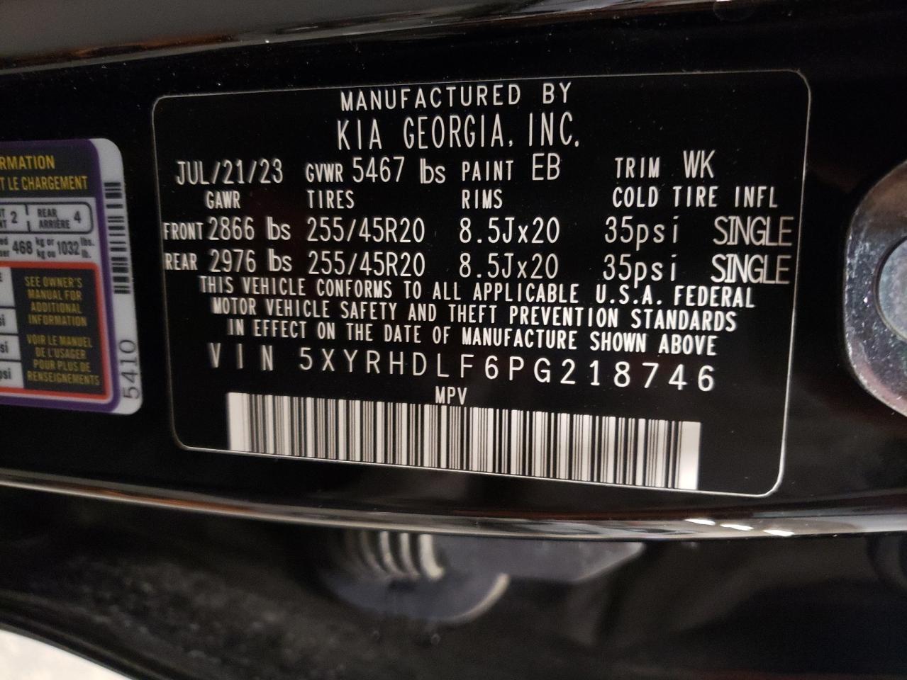 2023 KIA SORENTO EX VIN:5XYRHDLF6PG218746