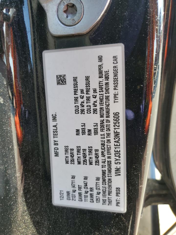 2022 TESLA MODEL 3  VIN:5YJ3E1EA3NF125606