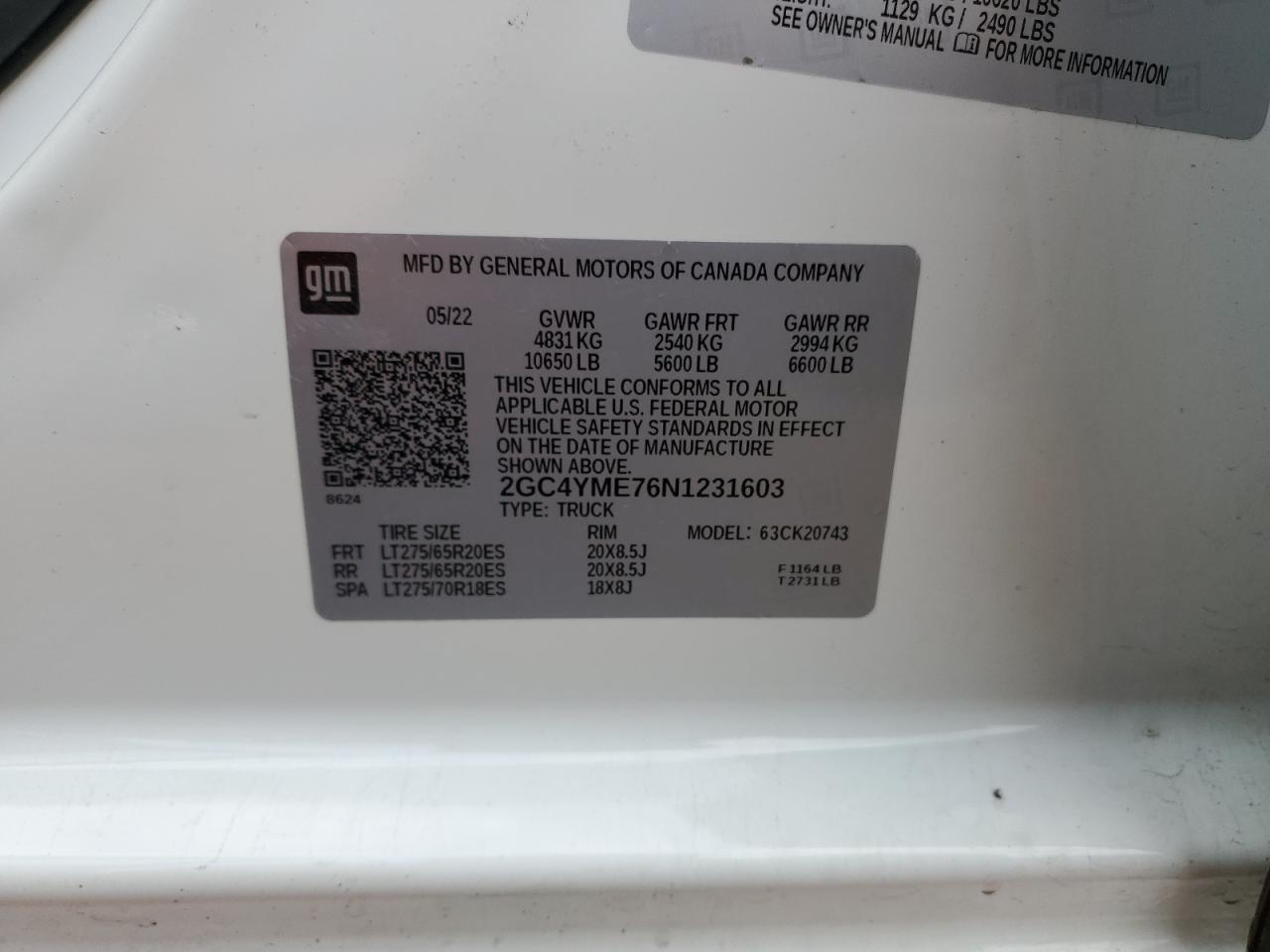 2022 CHEVROLET SILVERADO K2500 CUSTOM VIN:2GC4YME76N1231603