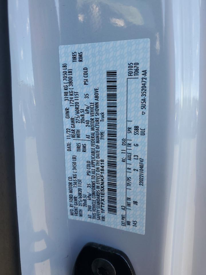 2022 FORD F150 SUPER CAB VIN:1FTFX1E5XNKF18418