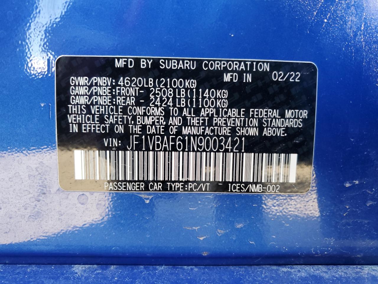 2022 SUBARU WRX PREMIUM VIN:JF1VBAF61N9003421