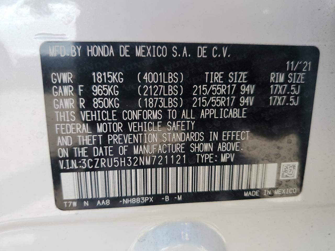 2022 HONDA HR-V LX VIN:3CZRU5H32NM721121