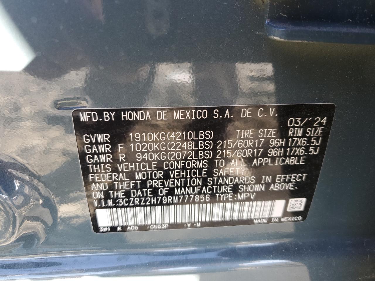 2024 HONDA HR-V EXL VIN:3CZRZ2H79RM777856