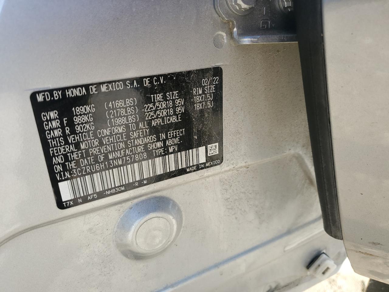 2022 HONDA HR-V SPORT VIN:3CZRU6H13NM757808