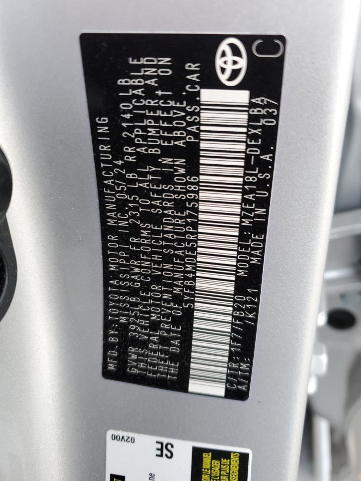 2024 TOYOTA COROLLA LE VIN:5YFB4MDE5RP175986