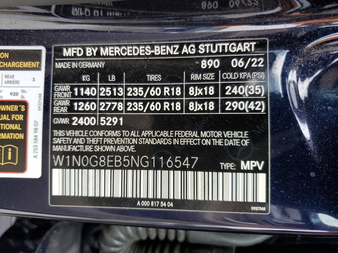 2022 MERCEDES-BENZ GLC 300 4MATIC VIN:W1N0G8EB5NG116547