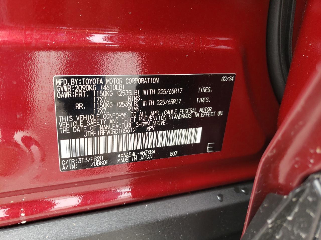 2024 TOYOTA RAV4 LE VIN:JTMF1RFV0RD105612