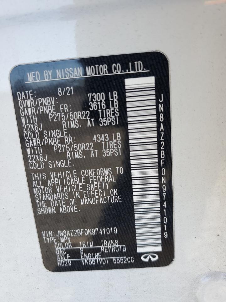 2022 INFINITI QX80 SENSORY VIN:JN8AZ2BF0N9741019
