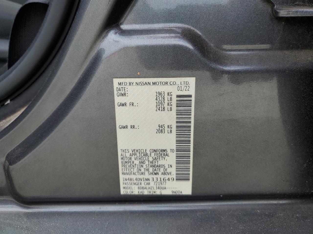 2022 NISSAN ALTIMA SV VIN:1N4BL4DV1NN331649