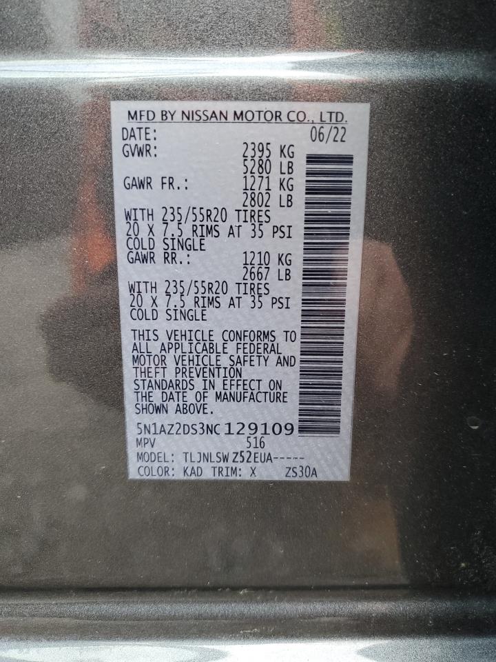 2022 NISSAN MURANO PLATINUM VIN:5N1AZ2DS3NC129109