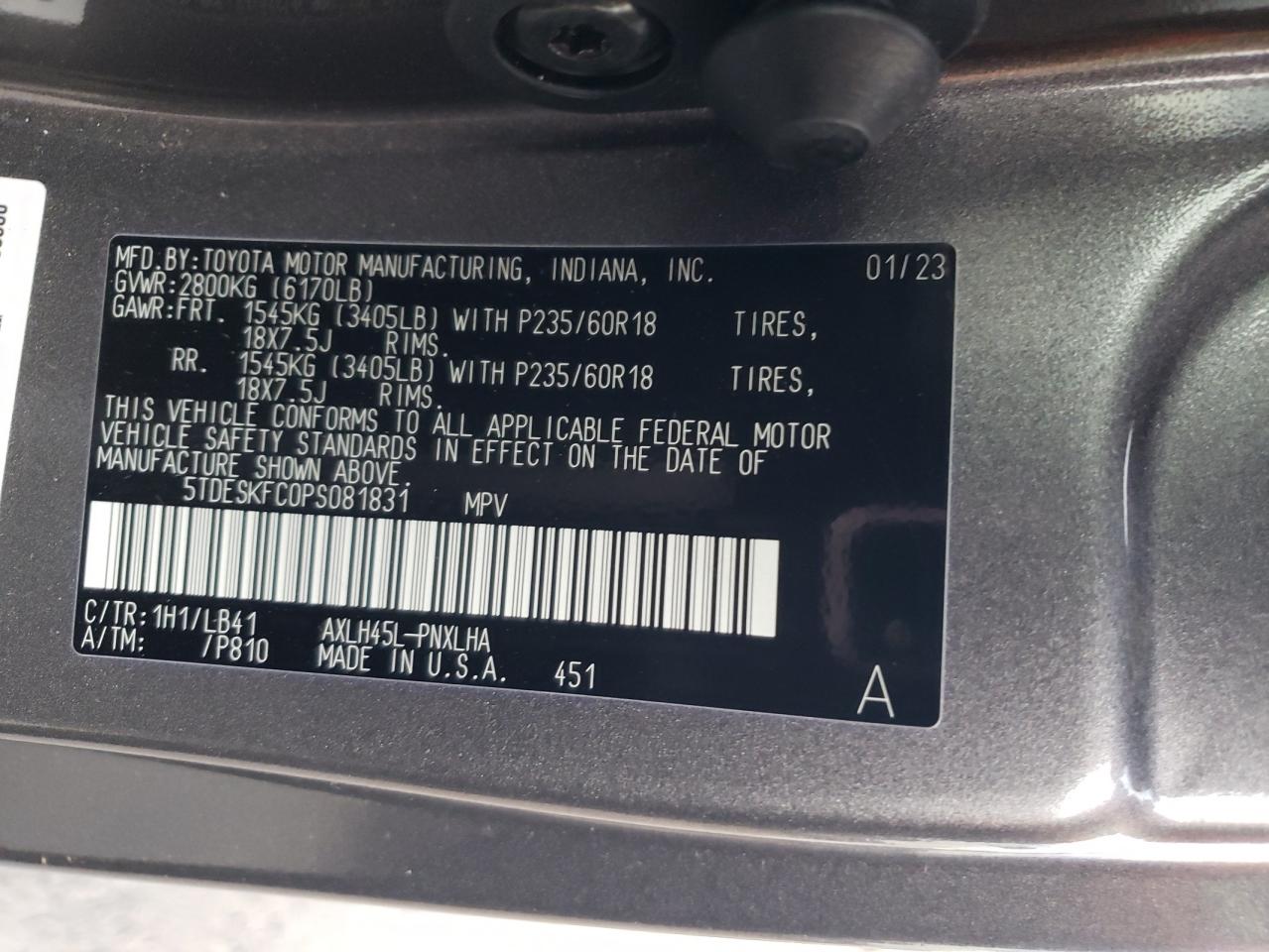 2023 TOYOTA SIENNA LIMITED VIN:5TDESKFC0PS081831