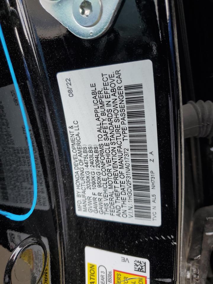 2022 HONDA ACCORD SPORT VIN:1HGCV2F31NA017372