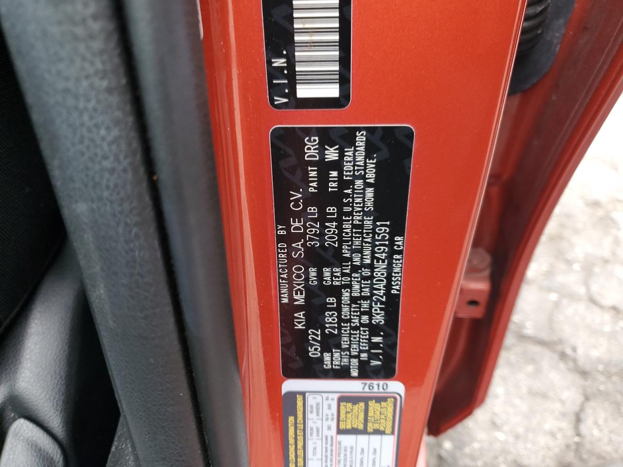 2022 KIA FORTE FE VIN:3KPF24AD8NE491591