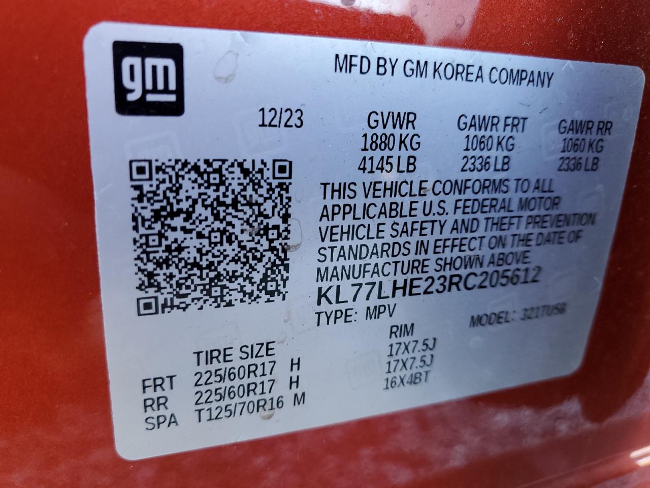 2024 CHEVROLET TRAX 1LT VIN:KL77LHE23RC205612