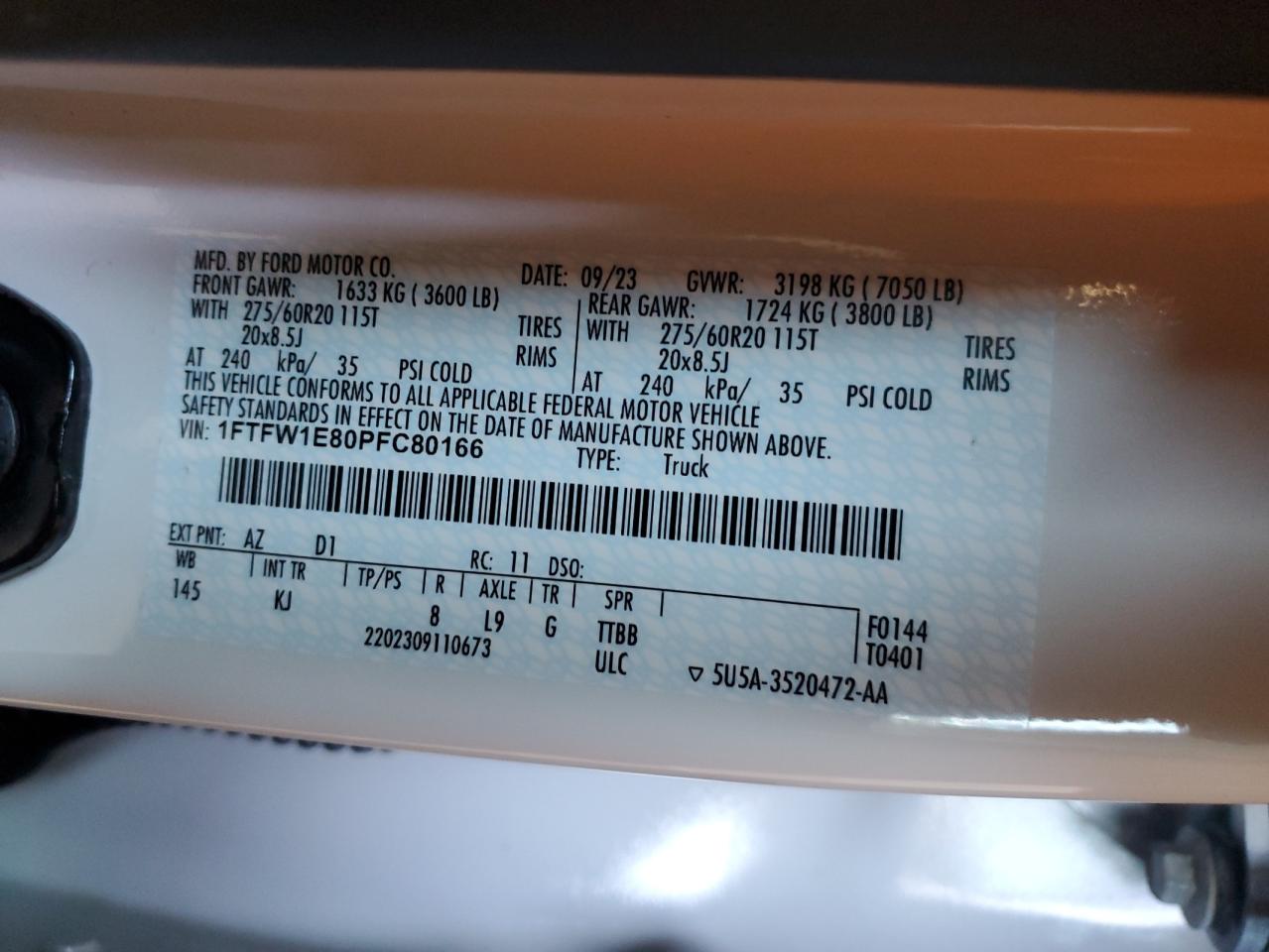 2023 FORD F150 SUPERCREW VIN:1FTFW1E80PFC80166