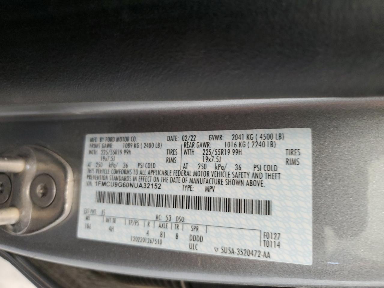 2022 FORD ESCAPE SE VIN:1FMCU9G60NUA32152