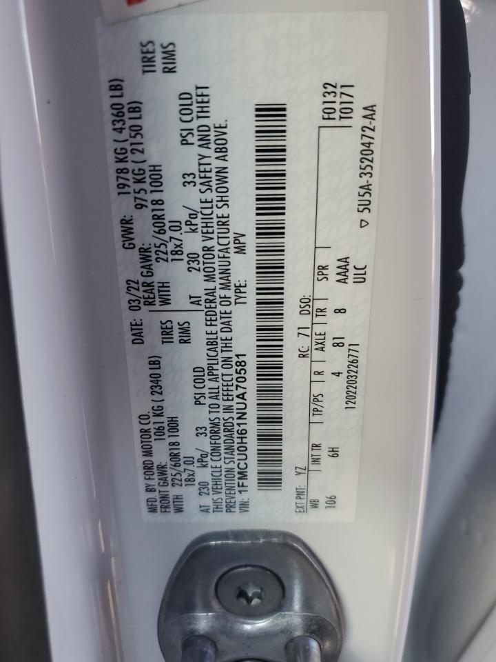 2022 FORD ESCAPE SEL VIN:1FMCU0H61NUA70581