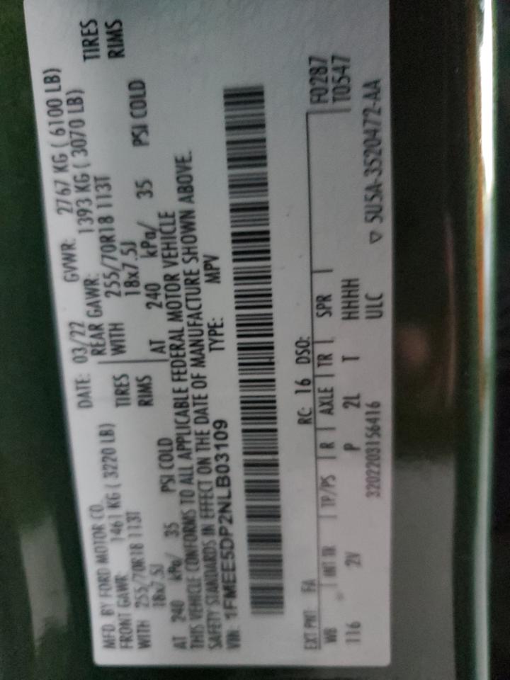 2022 FORD BRONCO BASE VIN:1FMEE5DP2NLB03109